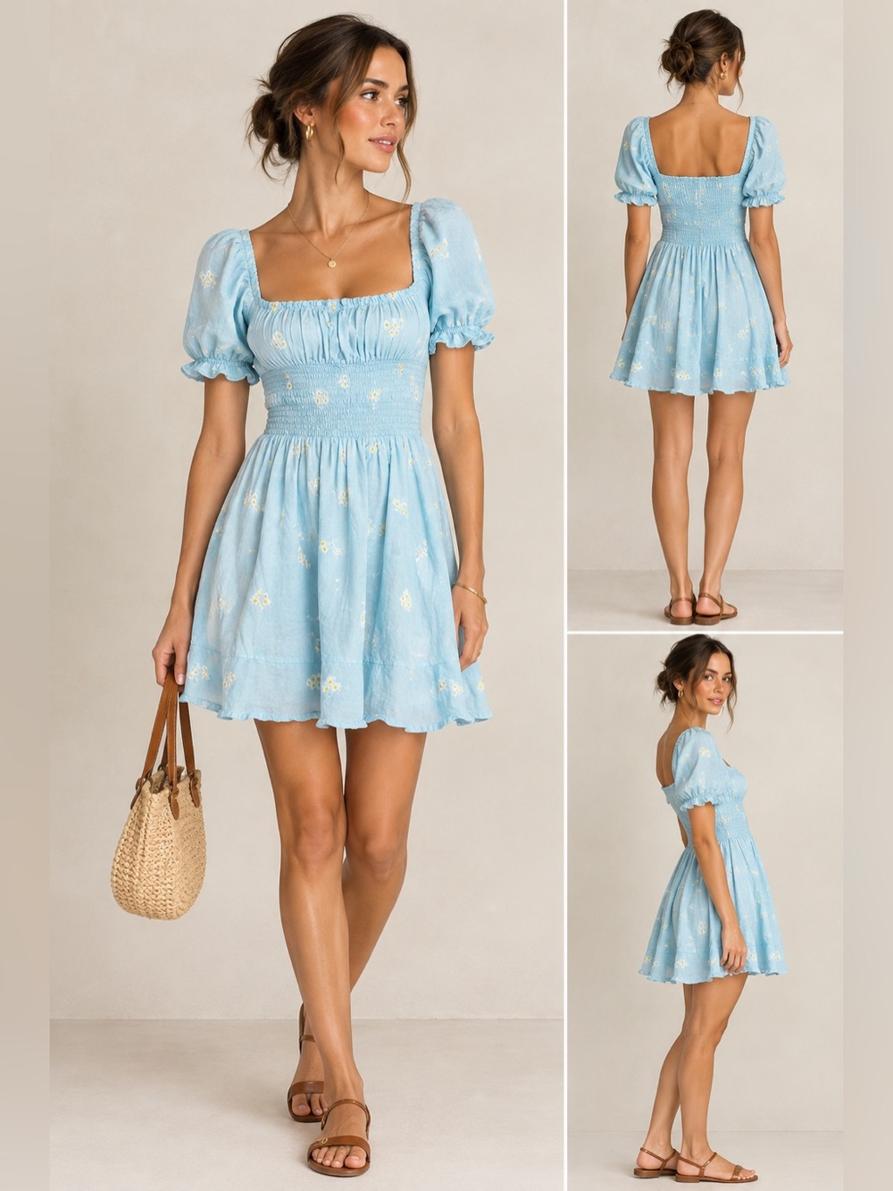 Cleobella Blue Floral Puff Sleeve Smocked Waist Boho Mini Dress size Medium